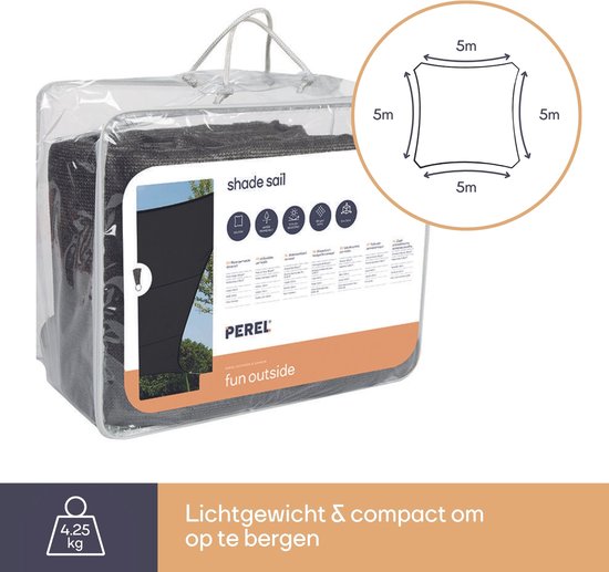 Perel Toile d'ombrage, perméable à l'eau, perméable à l'air, 5 x 5 m, 180 g/m², HDPE, carré, gris foncé