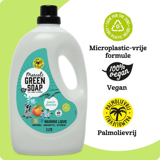 Détergent liquide Marcel's Green Soap - Grand paquet - Pêche et Jasmin - 3L - 69 lavages