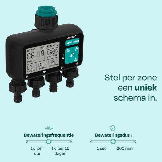 VONROC 4-way water timer - Ordinateur d'arrosage pour 4 zones - Temps et fréquence d'arrosage réglables par zone