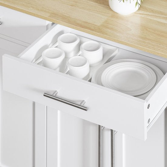 SoBuy FKW129-WN Chariot de cuisine sur roulettes - Ilot de cuisine avec plan de travail coulissant, 2 tiroirs et étagères réglables - Chariot de cuisine mobile ou meuble de table à manger, blanc 113x91x(44-69) cm