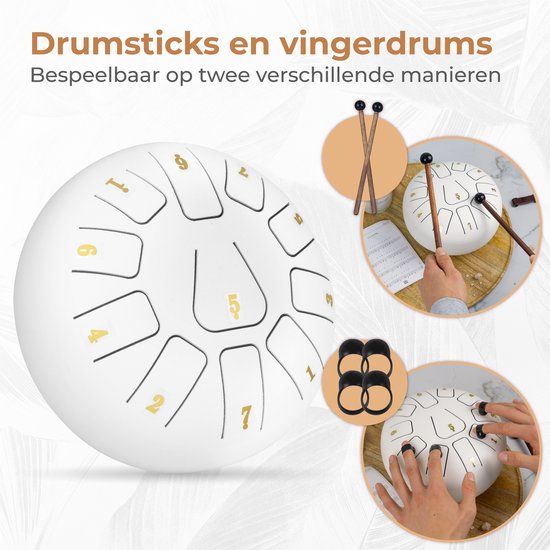Nuvance - Handpan - Livret de cours, doigtiers et sac de rangement inclus - Tambour de langue - Tambour de handpan - Tambour de langue en acier - Blanc