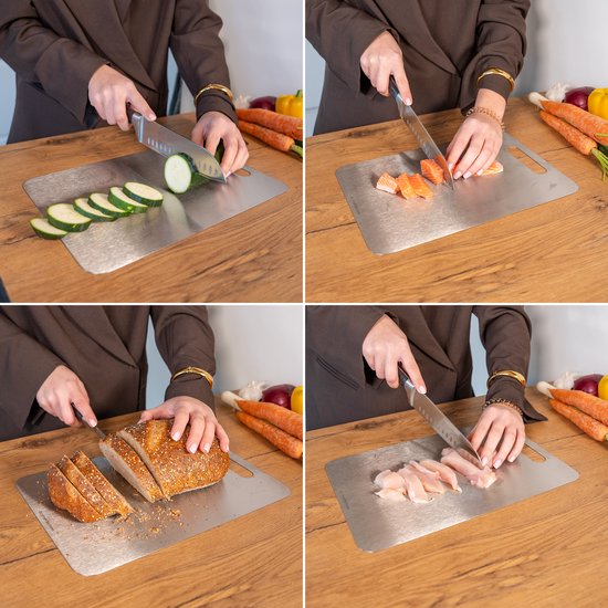 AoraKitchen Planche à découper en acier inoxydable - Set 3 pièces - Planches à découper - Lavable en lave-vaisselle - Stabilisé au titane