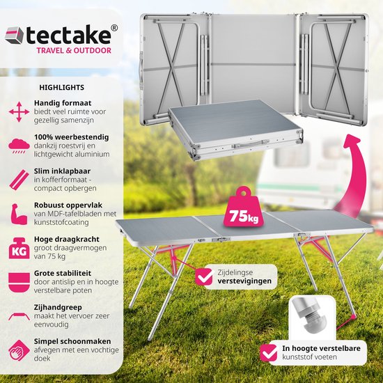 tectake® - Table de camping Table de camping Jumbo pliante - Structure en aluminium - 180 x 70 x 70,5 cm