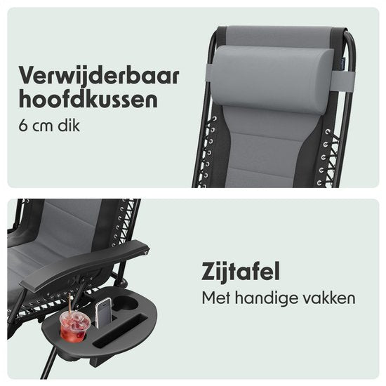 LifeGoods Chaises longues confort - pliable - 30°-90° réglable - support pour gobelets et téléphone - chaises de jardin - noir/gris