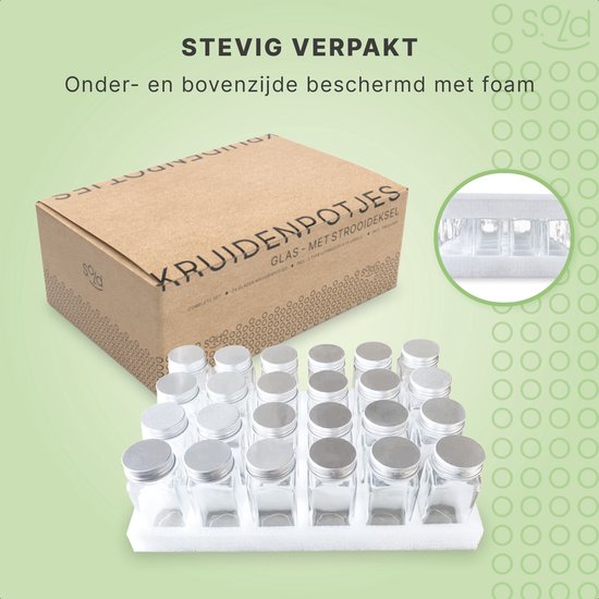 S.old - 24 pots à épices en verre carrés avec couvercle - Spice Spreader - Set complet avec couvercles à saupoudrer, autocollants préimprimés et entonnoir - Capacité 120 ml - 10,5 x 4,3 cm