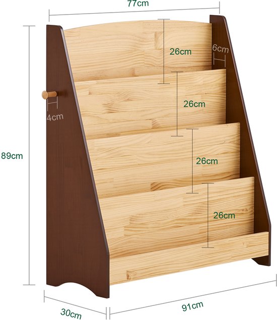 SoBuy KMB32-N Bibliothèque pour enfants, jouets, bibliothèque, 4 niveaux, avec 2 crochets, étagère à livres, meuble de rangement, chambre, bureau, salon, nature, 91 x 30 x 89 cm