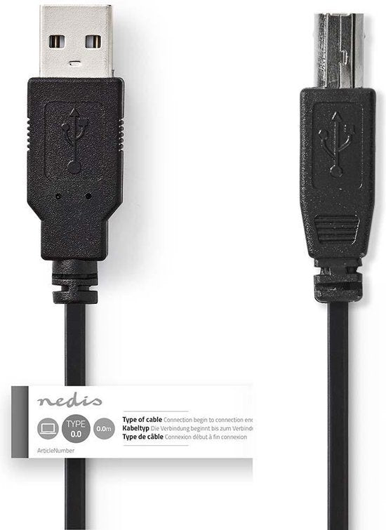 Câble USB - USB 2.0 - USB-A Mâle - USB-B Mâle - 7,5 W - 480 Mbps - Nickelé - 1,00 m - Rond - PVC - Noir - Étiquette