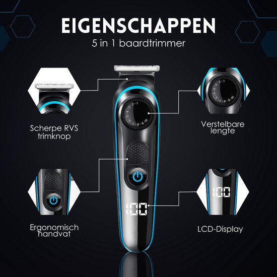 Tondeuse à barbe 5 en 1 pour hommes - 5 accessoires interchangeables - Tondeuse pour le corps et la barbe - Tondeuse pour le corps - Tondeuse pour le nez et les oreilles