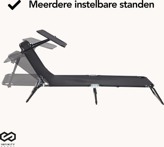 Infinity Goods Ligbed Met Zonnescherm - Opvouwbaar - Set van 2 - Zonnebed - Ligstoel - Verstelbaar - Tuin - Weerbestendig - Zwart