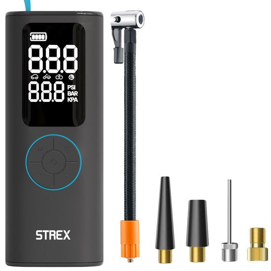 Pompe à pneu électrique Strex - Mini-compresseur sans fil 3-en-1 - voiture, vélo, scooter, ballon et matelas pneumatique - jusqu'à 10,5 bar / 150 PSI - 30L/min - 8000 mAh Powerbank & Flashlight
