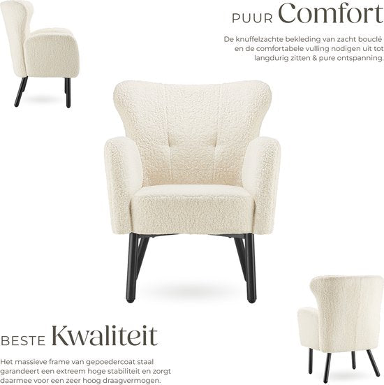 tectake® - Fauteuil Vänersborg - Fauteuil relax épais avec revêtement bouclé - Fauteuil lounge avec accoudoirs larges et dossier ergonomique - Pieds réglables en hauteur avec protection du sol - Beige/crème