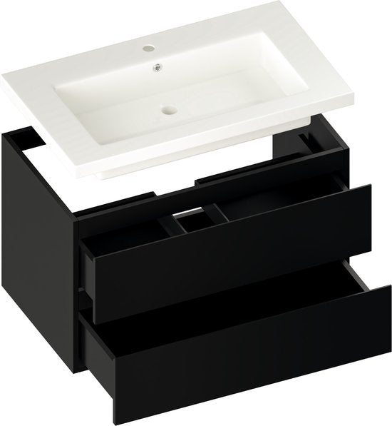 Mirlux Tapis de salle de bains Noir 80 cm - Lavabo Blanc - Meubles de salle de bains - Tapis de salle de bains Noir
