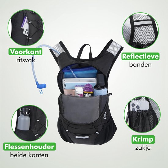 Travelhawk Sac à dos pour boire - Sac à dos de course à pied - Convient aux sacs à eau de 2L - Hydrofuge, léger, réfléchissant - 12L - Noir