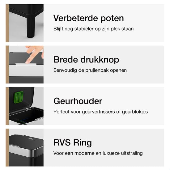 Loftey Trashcan 60 Liter - Push/touch Waste Bin - Duo Waste Bin with inner bin - Trash can 2 compartments - Waste Separation 2x30L - Kitchen - Black/RVS