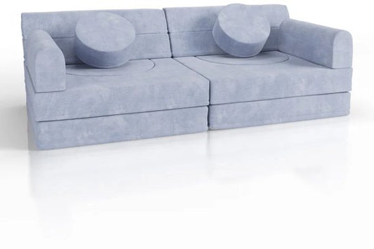 Canapé enfant Kayo - Velours côtelé - Coussins inclus - Bleu clair