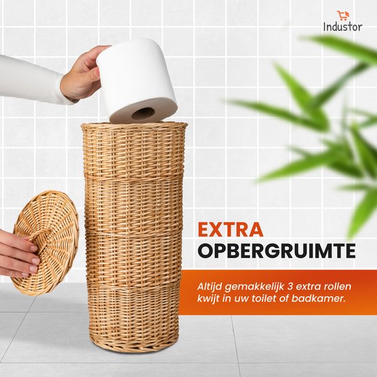Industor® Porte-rouleau de toilette Standing en osier tressé à la main - Porte-rouleau de toilette pour 3 rouleaux avec couvercle - Porte-rouleau de toilette, Accessoires de salle de bain et Décoration