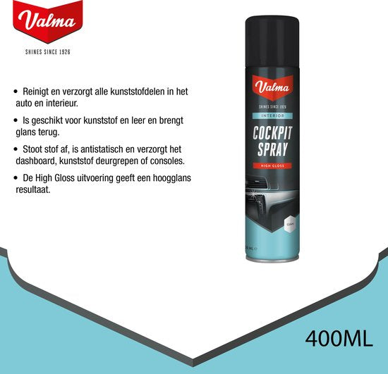 Valma Cockpitspray High Gloss 400 ml - Nettoyage de l'intérieur de la voiture - Anti-poussière - Convient pour le plastique et le cuir