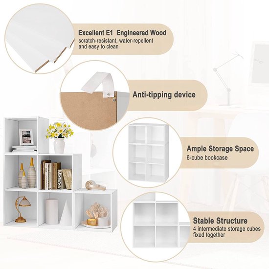 Bibliothèque Woltu 6 étagères - 90 x 90 x 30 cm - MDF blanc - modulable et élégante