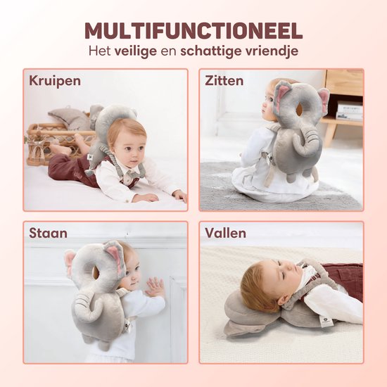 Vulpes Goods® BabyCare - Coussin de tête pour bébé - Oreiller de sécurité pour bébé - Sac à dos pour les chutes - Respirant en 3D - Apprendre à marcher en toute sécurité - Éléphant