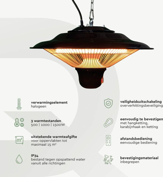 BRASQ Electric Terrace Heater Pendant PHC100 - Chauffage infrarouge 1500W - avec télécommande - 3 niveaux de chaleur - Pour l'intérieur et l'extérieur - Résistant aux éclaboussures - Noir
