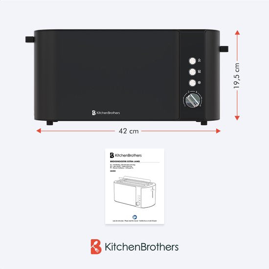 KitchenBrothers Toaster - Grille-pain - 6 niveaux de chaleur - 2 fentes extra-longues - 1520W - Noir