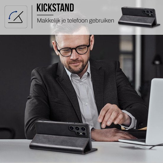 Podec Case with Card Holder Suitable for Samsung Galaxy S23 Ultra Black Phone Case - Anti-Shock Bookcase Cover with 1x Screen Protector