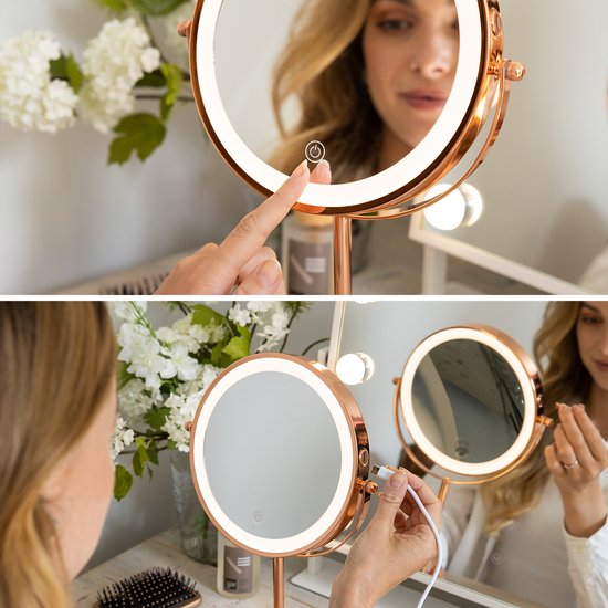 Mirlux Miroir de maquillage avec éclairage LED - lumière grossissante 10x - miroir de rasage petit sur pied - 3 niveaux d'éclairage - rechargeable - miroir grossissant rose or