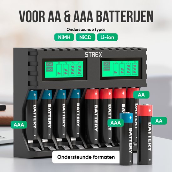 Strex Battery Charger - 8x AA/AAA Batteries - USB Rechargeable - Ecran LCD - Chargeur universel pour piles rechargeables