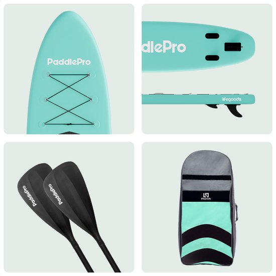 LifeGoods PaddlePro SUP Board - Planche à pagaie gonflable - Ensemble complet - Max. 135KG - 320x81cm - Vert pastel