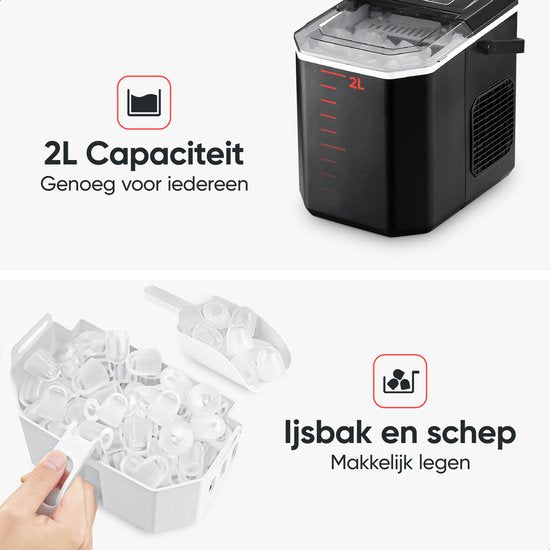 Kitchenwell Machine à glaçons - 1.3L - Machine à glaçons avec cuillère à glace - 12kg/24 heures - Fonction auto-nettoyante - Portable - Noir
