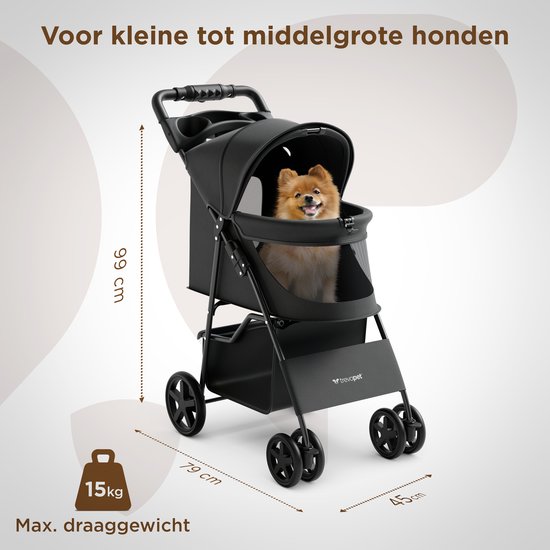 TrevoPet® Poussette pliable pour chien - Pour les petits et moyens chiens jusqu'à 15 kg - Poussette avec porte-gobelet et grand panier de rangement - Noir