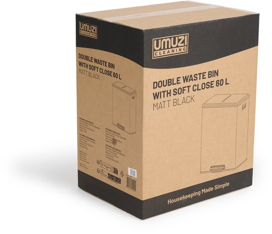 Umuzi Cleaning Double Waste Bin - 60L - Poubelle à pédale - Soft Close - 53x38x66 - Noir mat