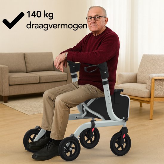 Rollator Brixy - Léger et pliable - Fonction siège - Dossier, sac et support de canne - Gris