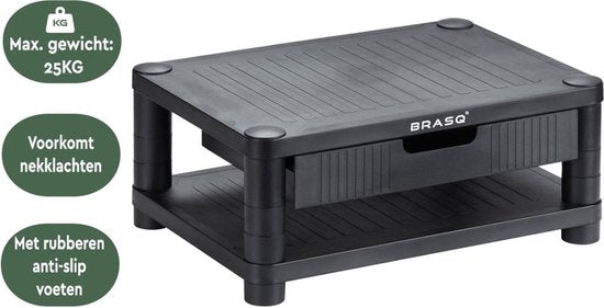 BRASQ Support de moniteur noir MS200 - Réglable en hauteur - Convient pour moniteur, tablette et smartphone 24x15x6,3 cm