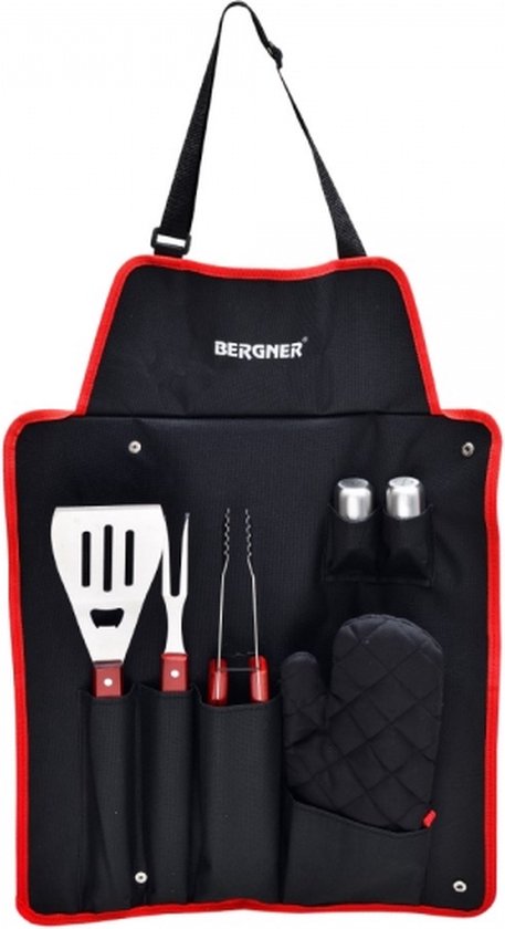 Bergner BBQ Accessories 7 Piece Tool Set - Stainless Steel - Gift Set - with bbq Apron
