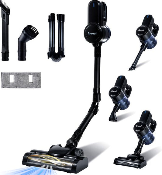 Aspirateur à manche - Saaf G80 - 100W - Fonction serpillière - Manche pliable - 8 pièces - Aspirateur sans sac - Sans fil - Noir