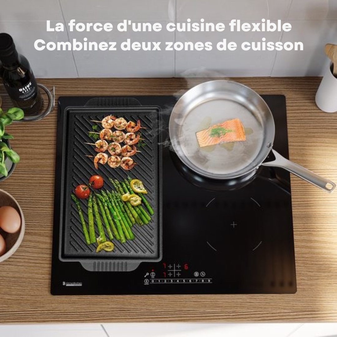 Plaque de cuisson à induction KitchenBrothers - Plaque de cuisson à induction autoportante - 60 cm - 4 zones - 1x Flexzone - 1 phase - Jusqu'à 3500W - Argent/RVS