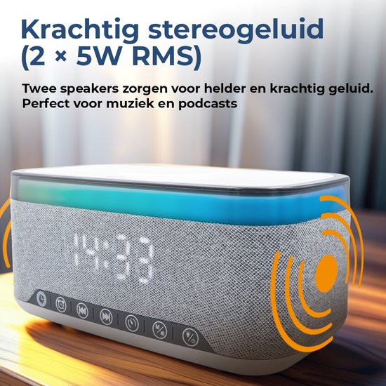 Réveil Denver avec chargeur sans fil - Machine à bruit blanc - Réveil numérique - Bluetooth - Radio FM - Double alarme - Variateur - CRQ225