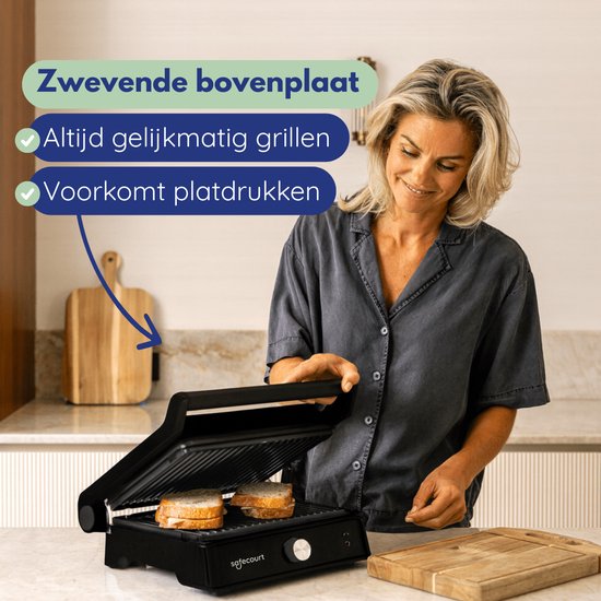Safecourt Kitchen - Grille à panini et fer à sandwich grillé - Plaques amovibles sans PFAS et lavables au lave-vaisselle - Grande surface de gril - Chaleur rapide - Gril à contact - Noir