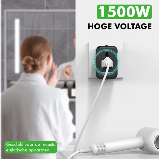 Travelhawk World plug avec 2x USB-C et 2x Port USB - Prise de voyage - Connecteur USB - Prise de voyage internationale pour plus de 150 pays - Amérique (USA) - Angleterre (UK) - Australie - Asie - Amérique du Sud - Afrique - Prises mondiales - Noir