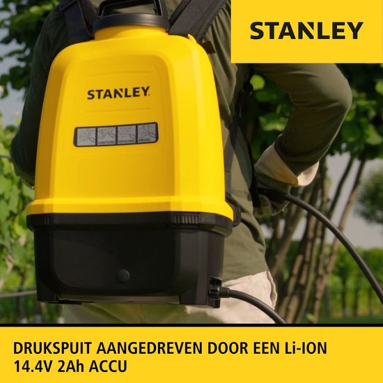 Stanley Pulvérisateur 16 L arrière, pulvérisateur arrière jardin, pulvérisateur à pression, électrique, batterie rechargeable lithium, lance télescopique, buse réglable, autonomie 2 h, max 5 bar, 0.60 l/minute, jaune/noir