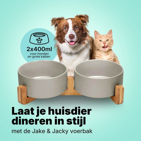 Jake and Jacky Feeding Bowl Dog and Cat Ceramic - Double Feeders with Stand - Drinking bowl - 2x 800 mL - Grey