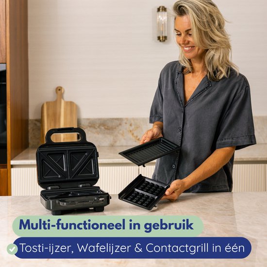 Safecourt Kitchen toaster - Grille-pain 3-en-1, gaufrier et gril de contact - Plaques amovibles sans PFAS et lavables au lave-vaisselle - compact - chaud rapide - gril de contact