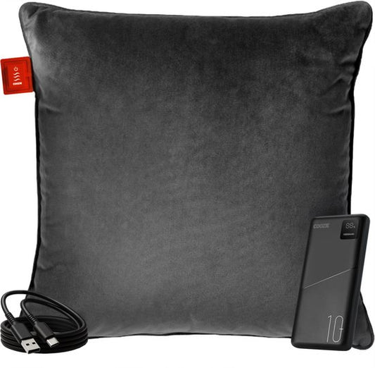 Coozie Rechargeable Heat Pillow - sans fil et filaire - 45-65°C - Velours - 45 x 45 cm - Anthracite Grey - Oreiller électrique - Powerbank incluse - Jusqu'à 8 heures de chaleur