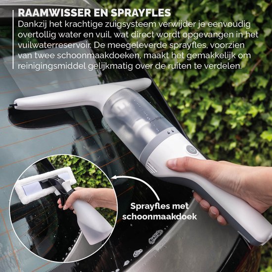 BREND BR-2218 Essuie-vitre électrique et flacon pulvérisateur - Lave-vitre avec système d'aspiration pour éviter les fuites - Avec chiffon de nettoyage supplémentaire - Câble de chargement USB-C - Blanc