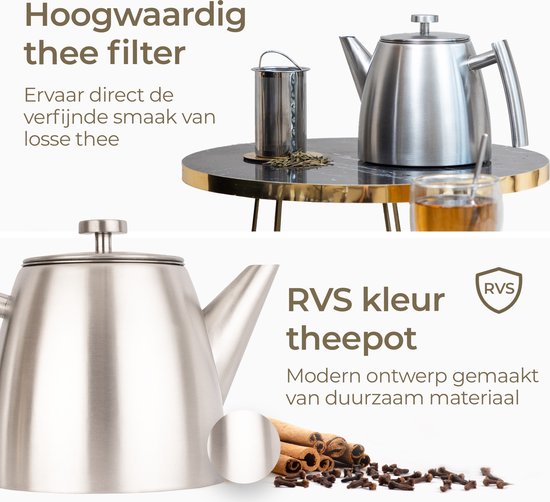 Vaja® Théière Camille Silver - Double paroi - 1 litre - Théière en acier inoxydable avec filtre et chauffe-plat