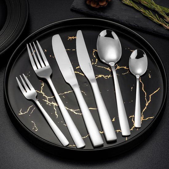Deleca 6 Person Cutlery Set Essential (36 pieces) - Spoons, Knives, Forks, Steak Knives & Pastry Forks - Coutellerie lavable au lave-vaisselle - Shiny Silver / Stainless Steel