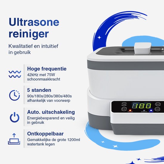 Samako Ultrasonic Cleaner PowerWave - Appareil de nettoyage - Bain à ultrasons - Lunettes - Bijoux - Montres - Brosse à maquillage - 1200 ml