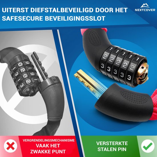 NEXTCOVER® Digit Lock Cadenas pour vélo - L'original - [SAFESECURE] Haute sécurité - Cadenas pour vélo avec code à 5 chiffres, cadenas pour vélo en acier - Cadenas pour vélo parfait pour e-bike - Cadenas pour chaîne Rouge