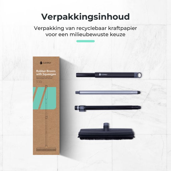 CLEANLY Balai en caoutchouc avec raclette - Balai de barbier - Balai doux intérieur et extérieur - télescopique 114-142 cm - Brosse avec manche - Balai d'intérieur - Largeur 34 cm - Noir, Gris